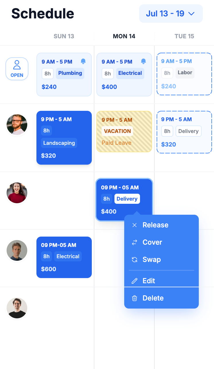 ShiftsWork Mobile App: Employee interface with GPS-verified clock-in and work summary